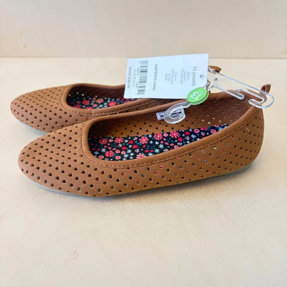Carter's Easton Ballet Flat Girls 13 Brown Heart Laser Cutout Slip on Shoes NEW